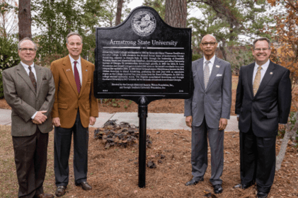 Georgia Historical Society President W. Todd Groce; Regent Don Waters; Former Savannah mayor and alumnus Otis Johnson; Georgia Southern President Kyle Marrero in front of the Armstrong Historical Marker