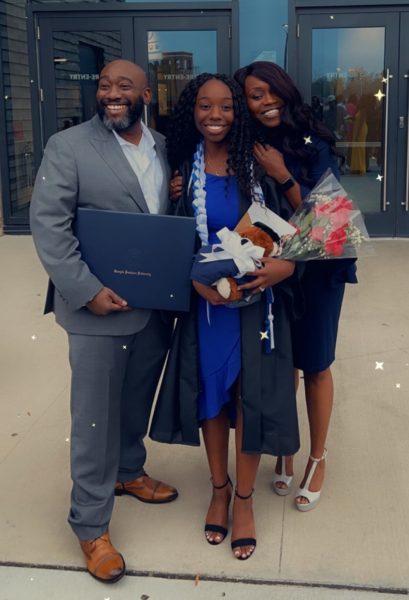 Adriana Proctor smiles in a hat and dress with flowers, her graduation and a stuffed bear while being hugged by her smiling parents at the beginning.