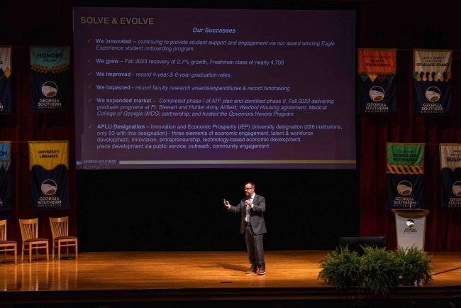 Georgia Southern President Kyle Marrero delivers Fall 2023 State of the University address on Armstrong and Statesboro campuses